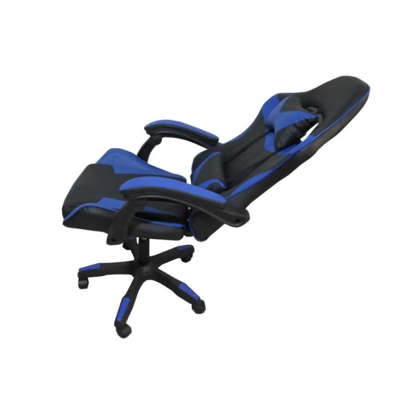 Sedia gaming nera con dettagli blu e schienale alto reclinabile in PVC