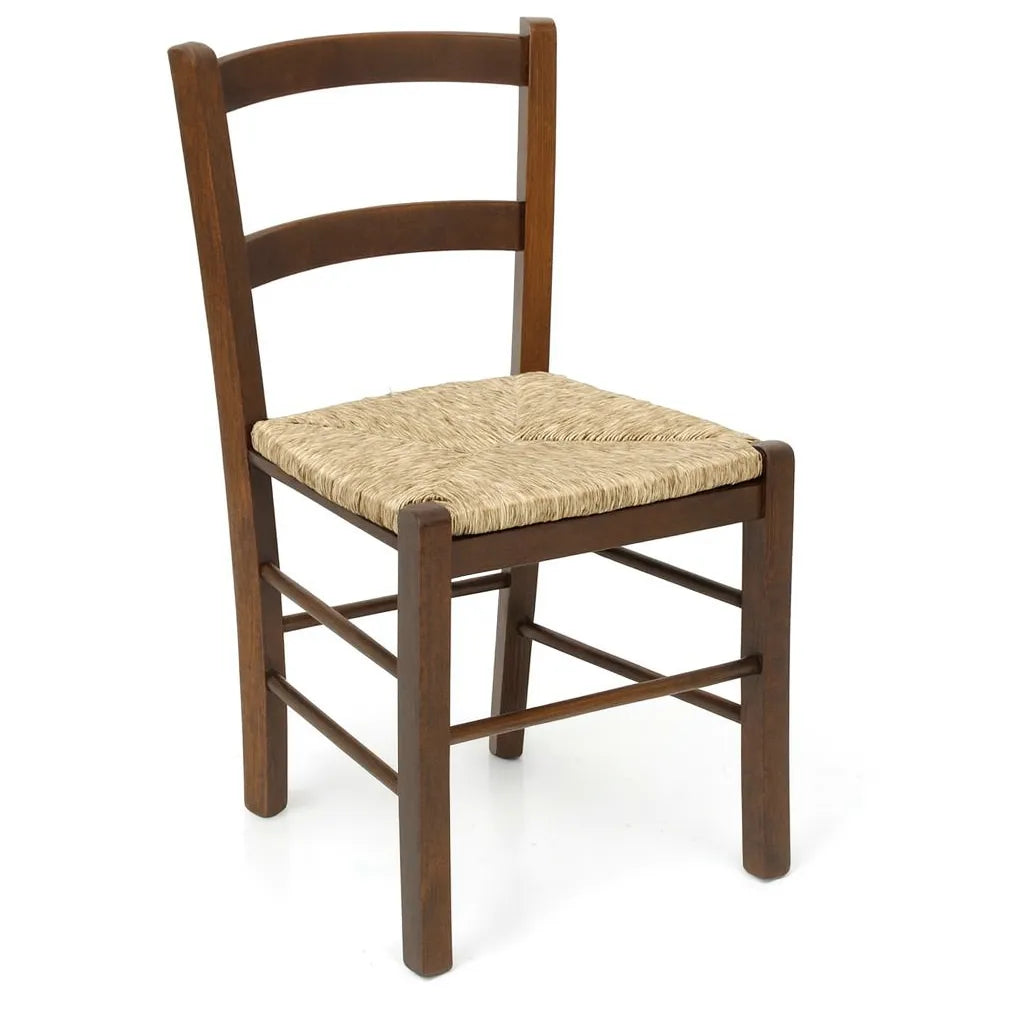 Sedia rustica Mezzana in legno noce con seduta in paglia intrecciata