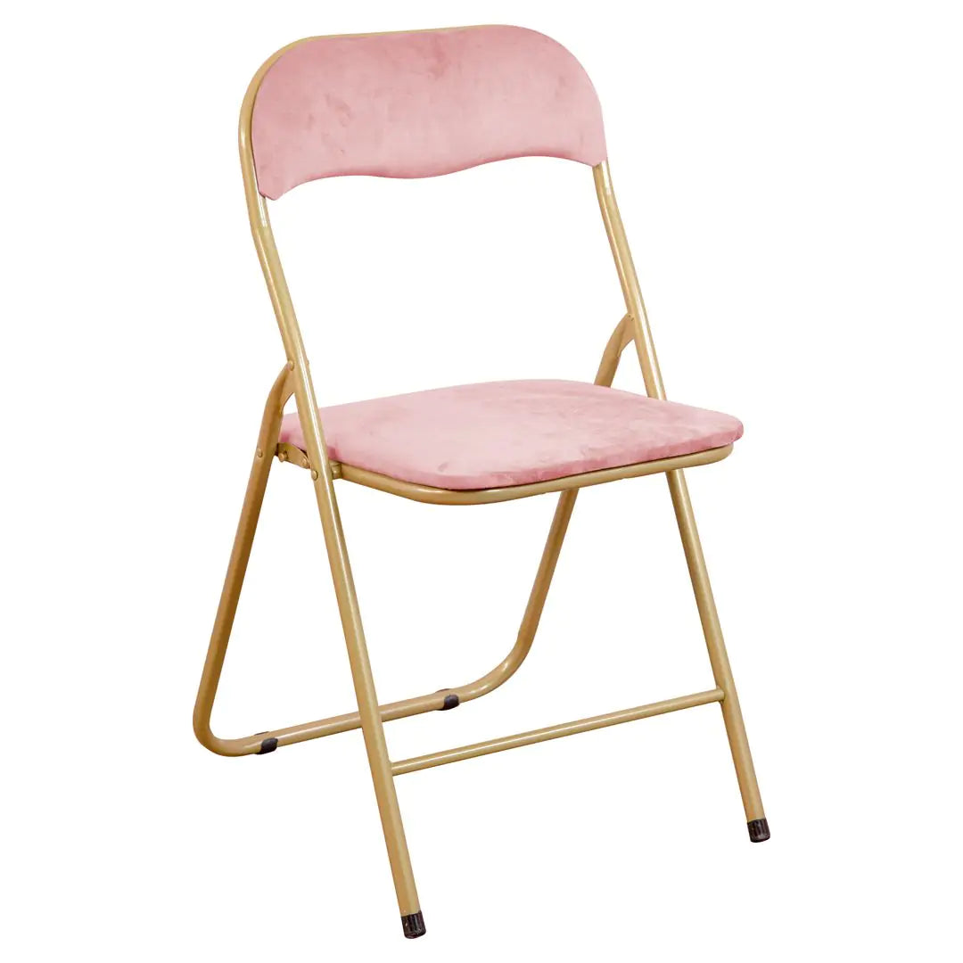 Sedia pieghevole Cinzia in velluto rosa con gambe in metallo oro, elegante e salvaspazio