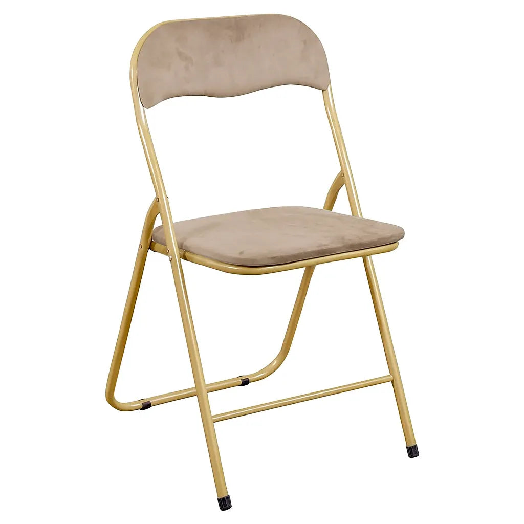 Sedia pieghevole Cinzia in velluto tortora con gambe in metallo oro, elegante e salvaspazio