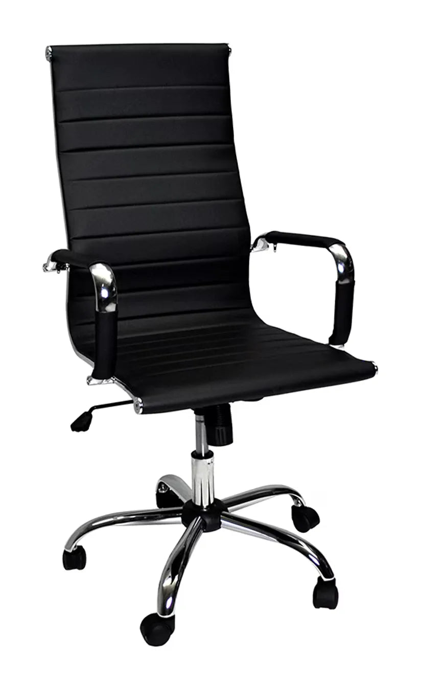 Sedia da ufficio presidenziale in ecopelle nera con braccioli cromati e schienale alto