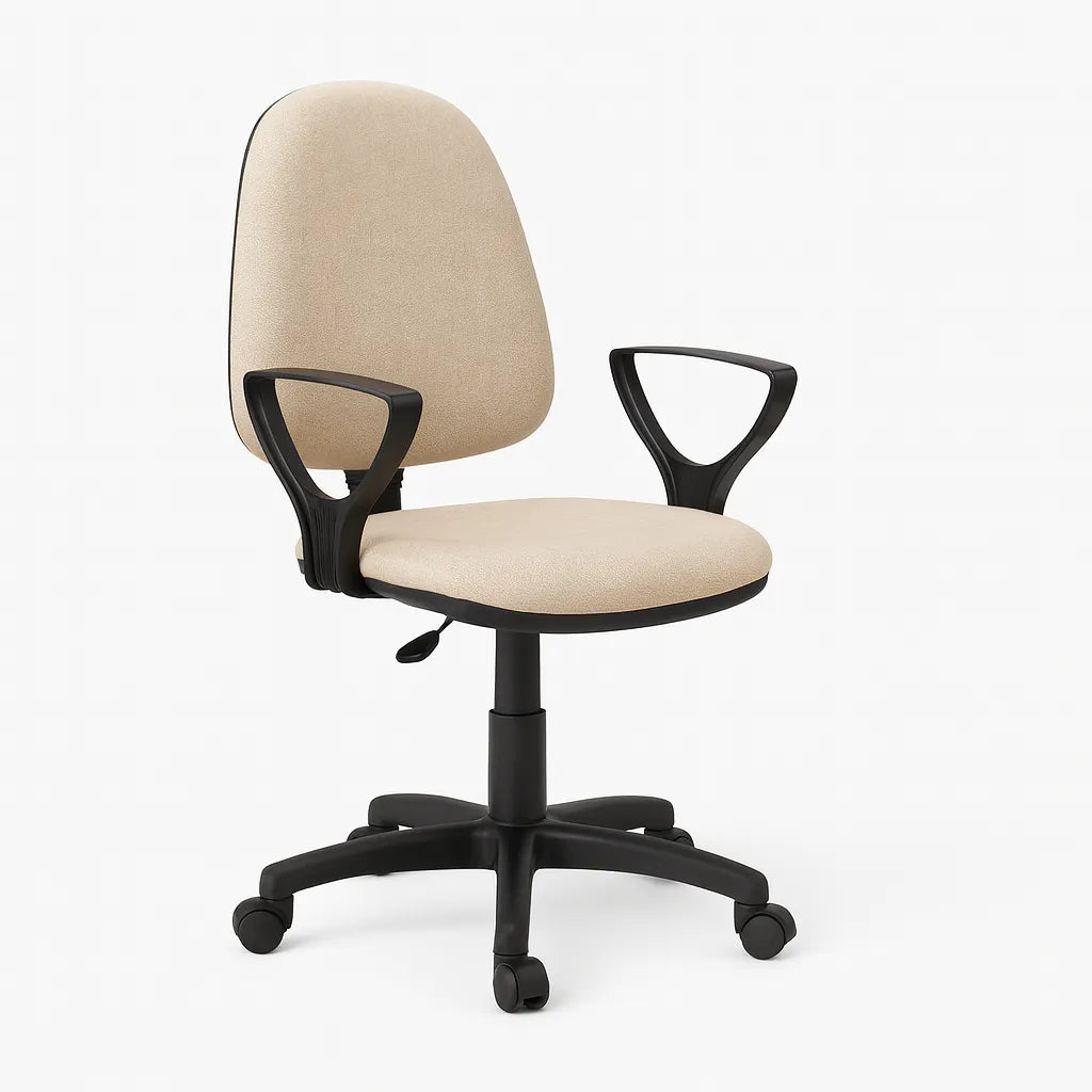 Sedia da ufficio girevole in similpelle nera con base a 5 razze e braccioli fissi