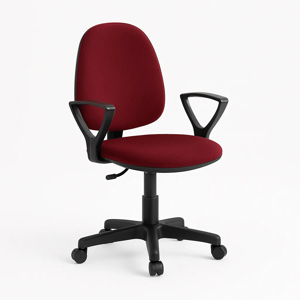 Sedia da ufficio girevole in similpelle nera con base a 5 razze e braccioli fissi