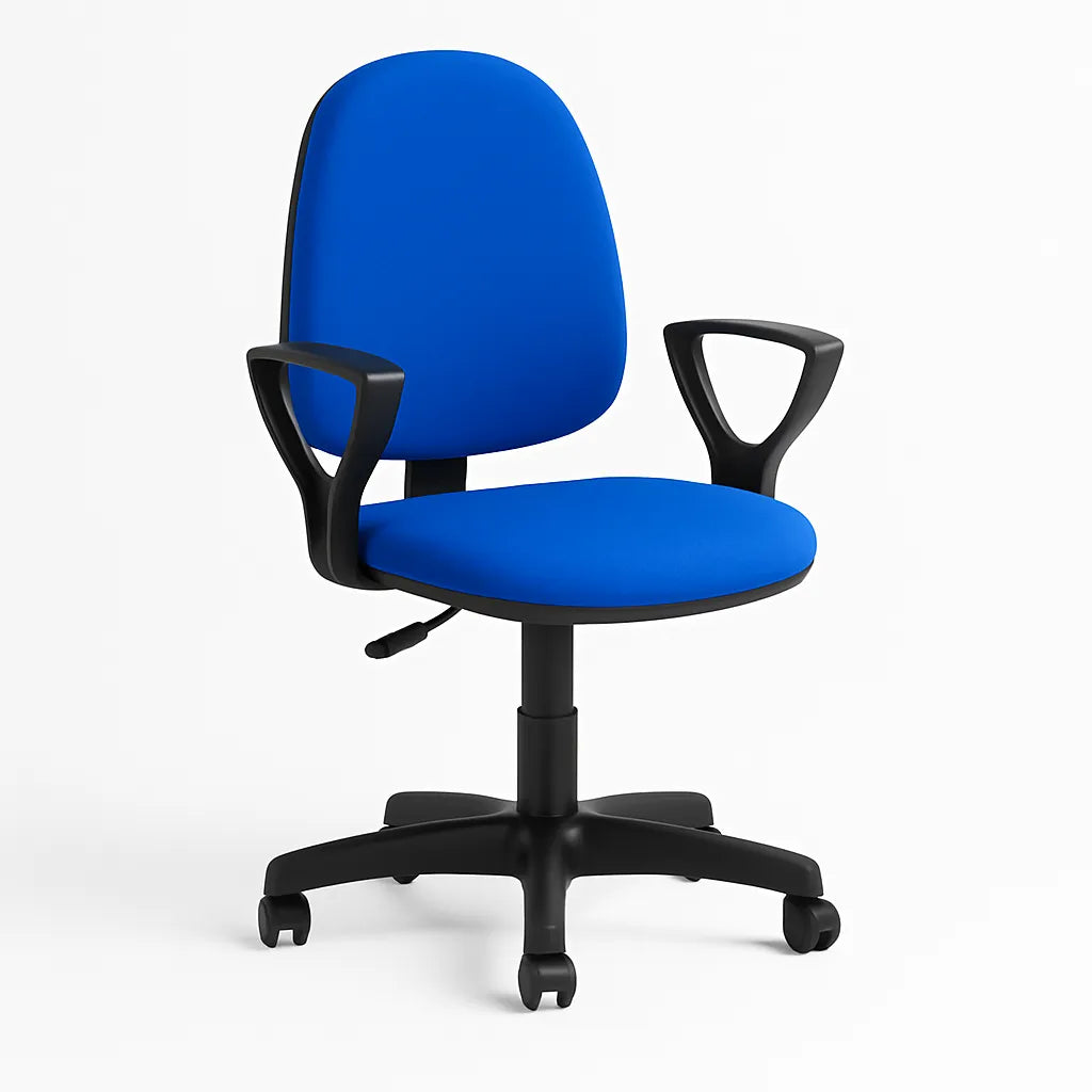 Sedia da ufficio girevole in similpelle nera con base a 5 razze e braccioli fissi