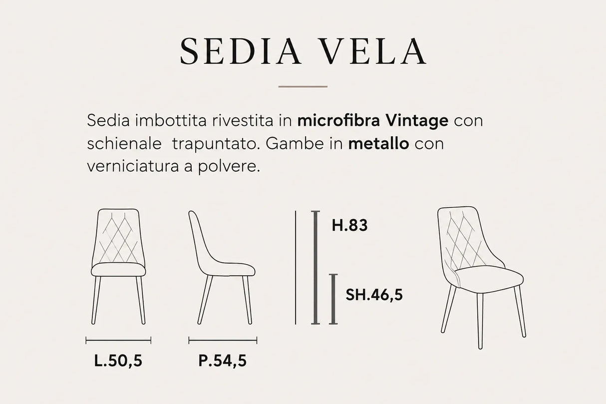 Sedia Vela imbottita in microfibra Vintage con schienale trapuntato e gambe in metallo verniciato a polvere