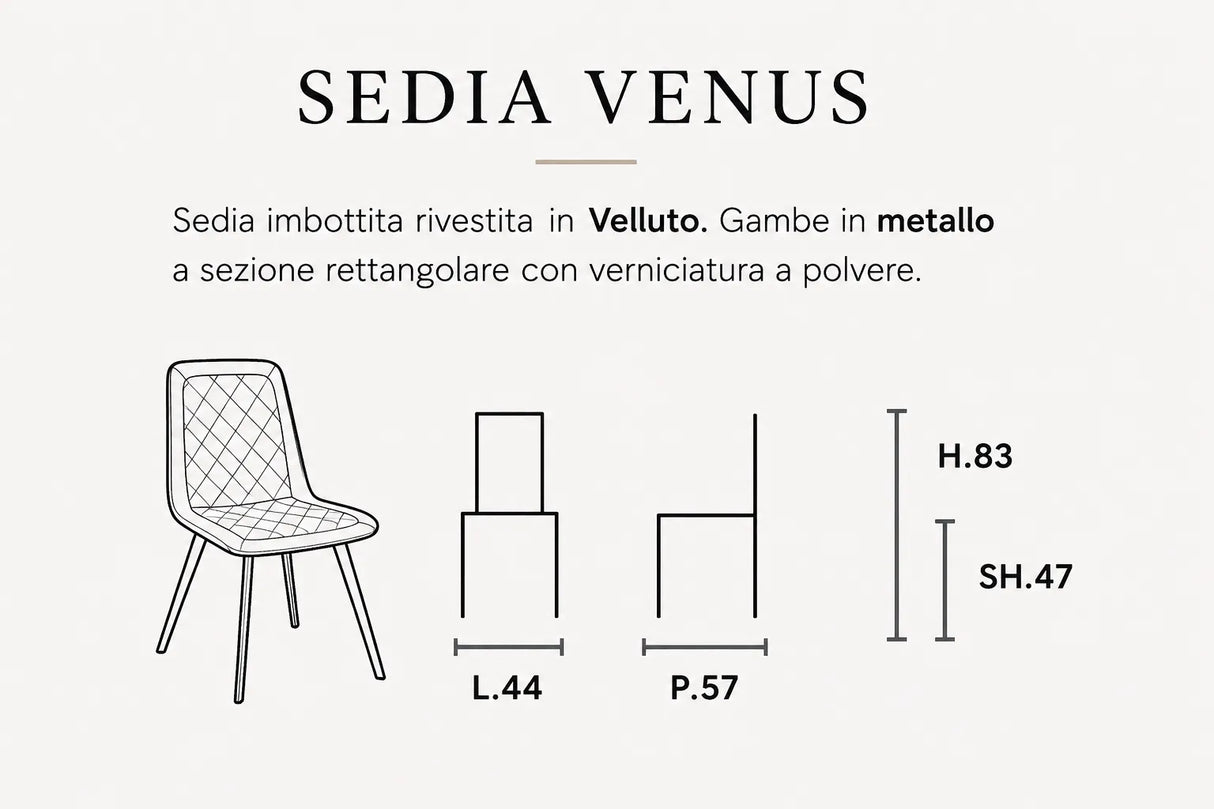 Sedia Venus imbottita in velluto con seduta e schienale trapuntati e gambe in metallo nero