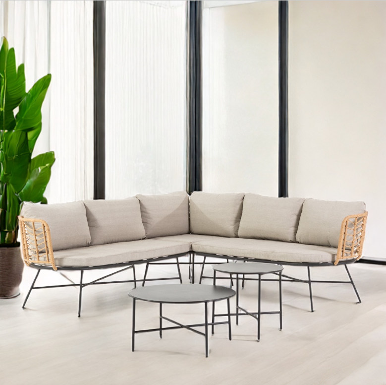 Set da giardino TIVOLI CORNER con divano angolare in rattan e tavolini in metallo