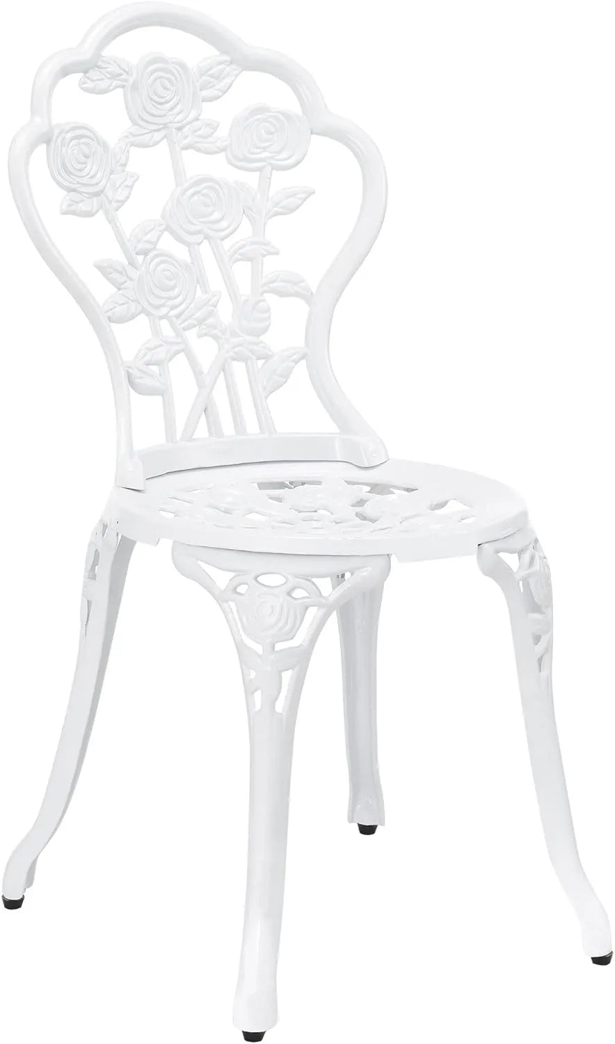 Set da giardino vintage 3 pezzi in alluminio bianco, composto da tavolo con foro per ombrellone e due sedie decorate in stile floreale