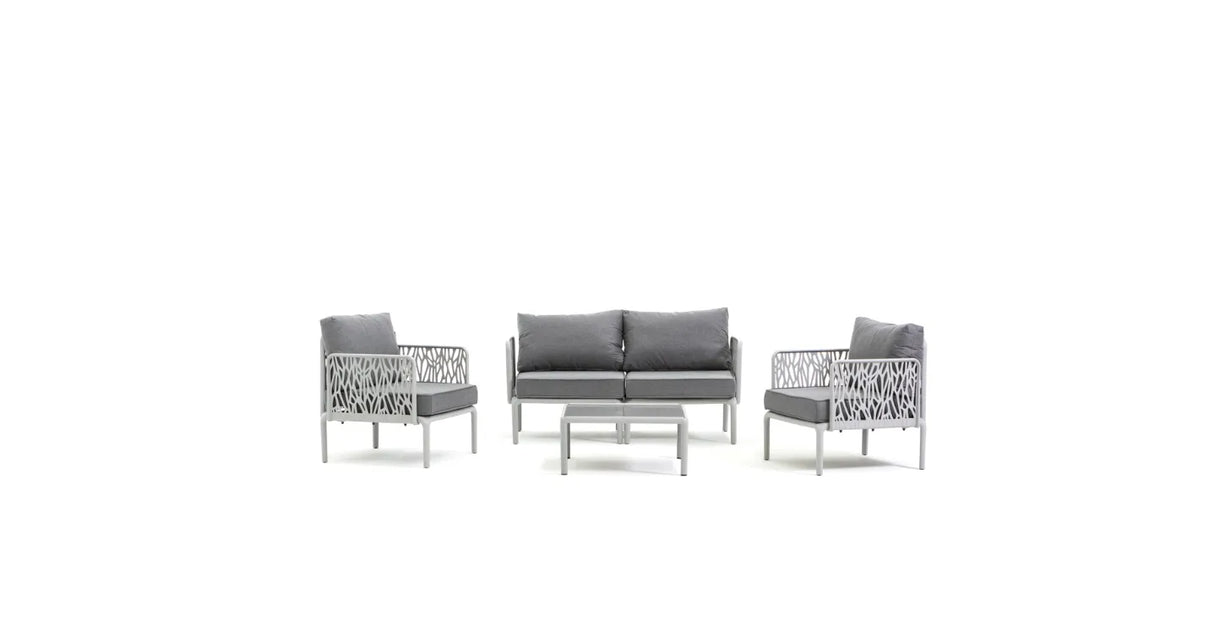 Set da giardino Hoya con divano, poltrone e tavolino in resina bianco e GRIGIO