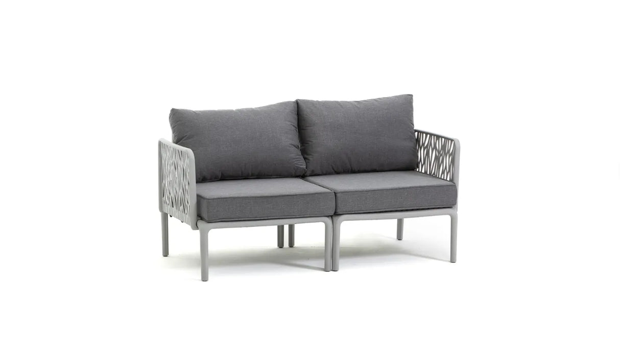 Set da giardino Hoya con divano, poltrone e tavolino in resina bianco e GRIGIO