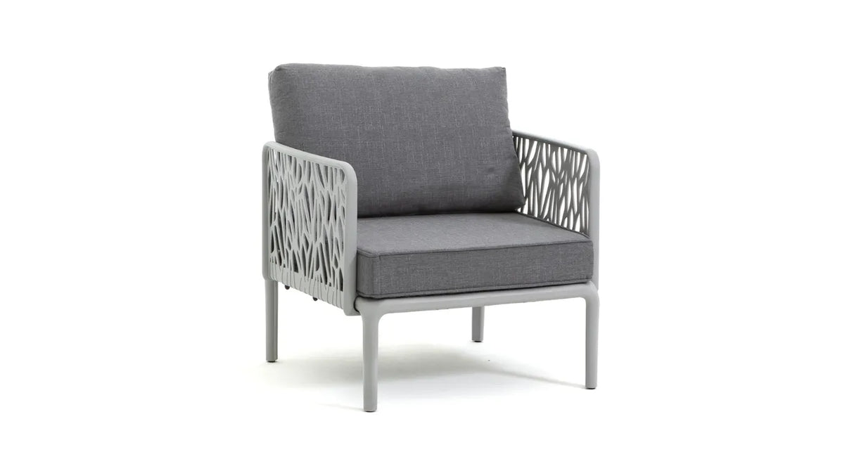 Set da giardino Hoya con divano, poltrone e tavolino in resina bianco e GRIGIO