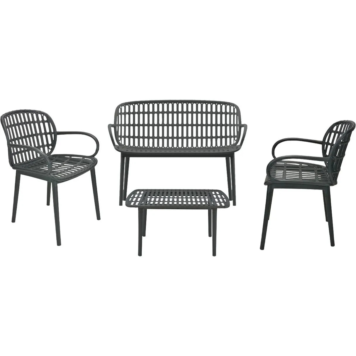 Set da giardino Positano in resina intrecciata con divano due posti, due poltrone e tavolino basso