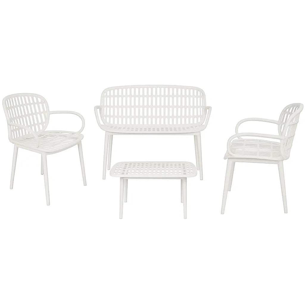 Set da giardino Positano in resina intrecciata con divano due posti, due poltrone e tavolino basso