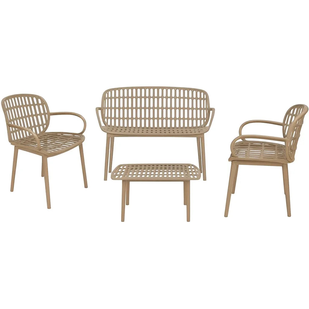 Set da giardino Positano in resina intrecciata con divano due posti, due poltrone e tavolino basso