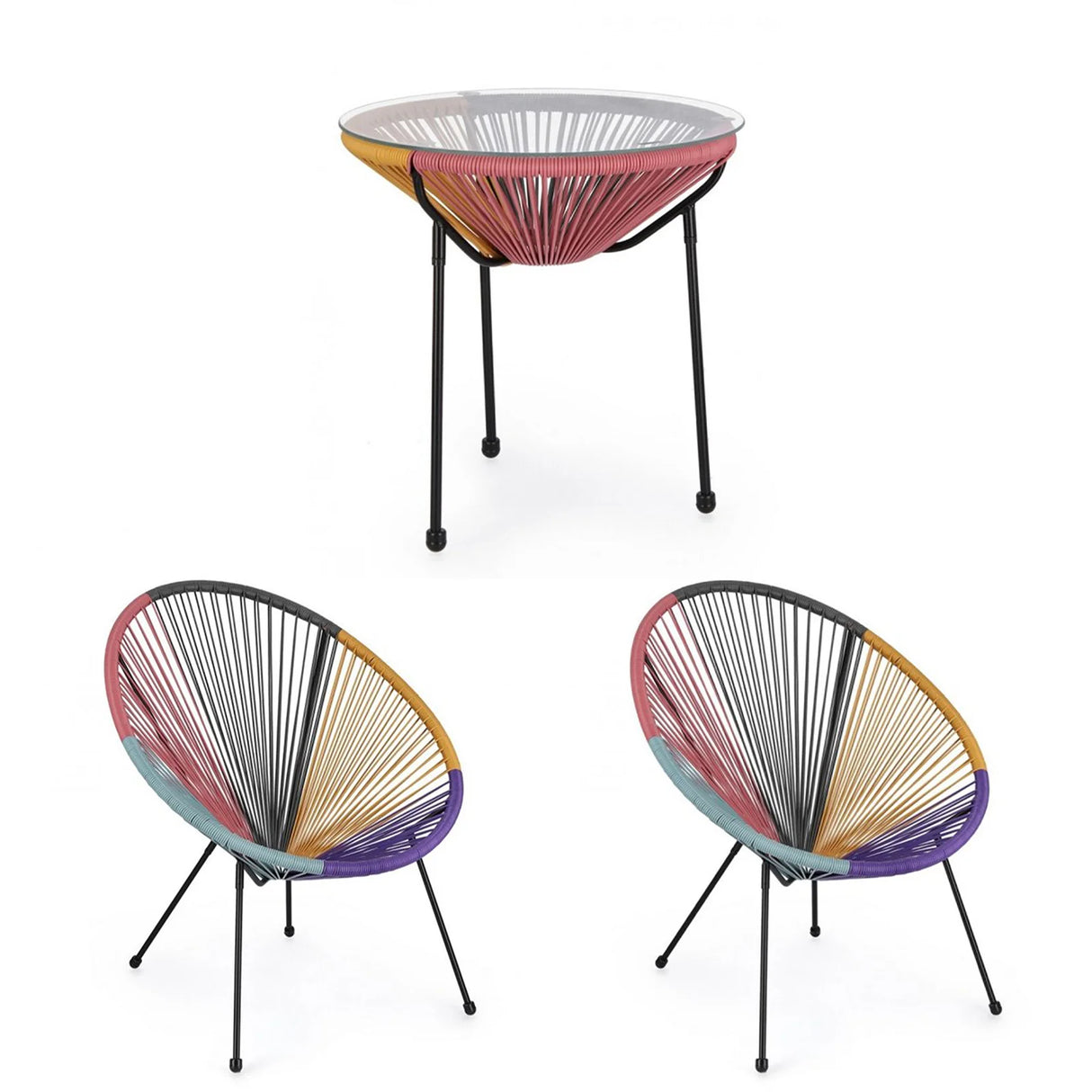 Set da giardino con poltrone in corda sintetica e tavolino Parker con piano in vetro