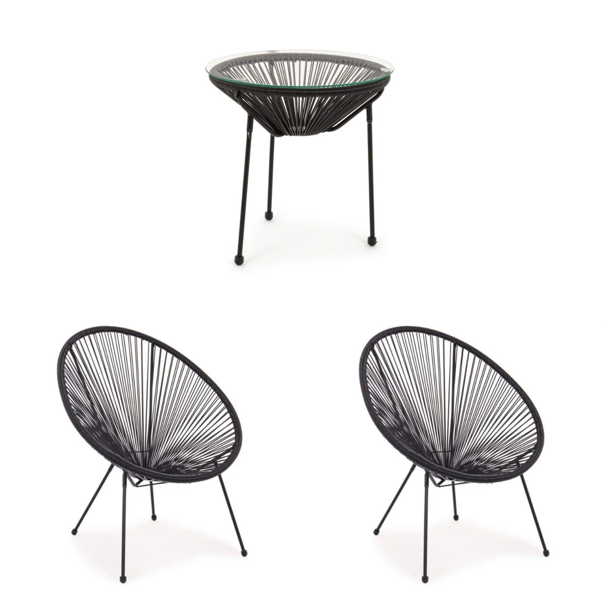 Set da giardino con poltrone in corda sintetica e tavolino Parker con piano in vetro