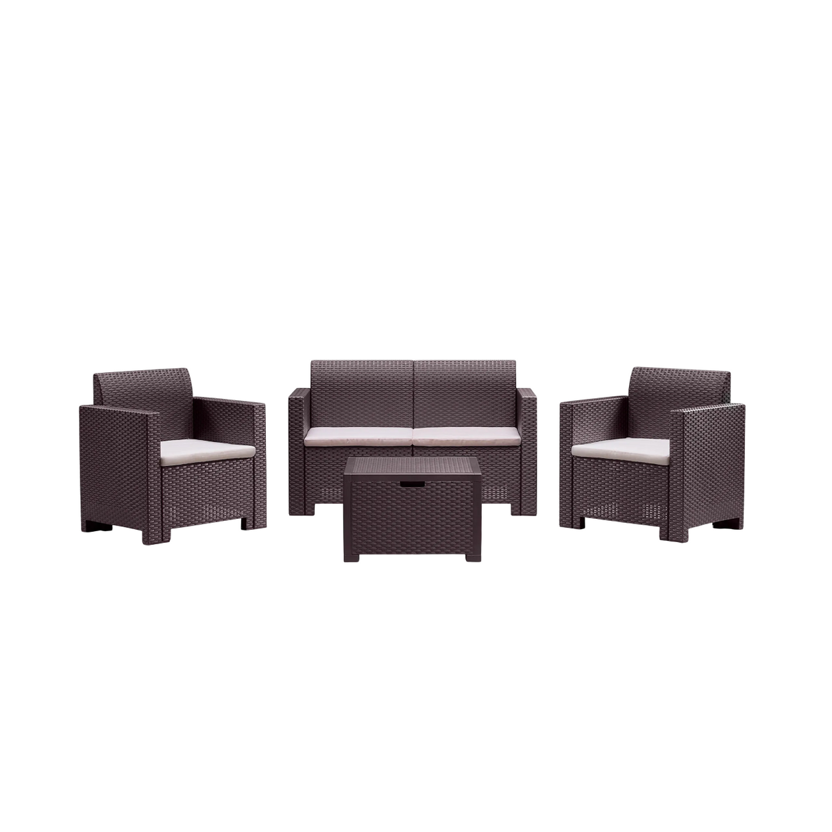 Set salottino da esterno Nebraska con divano 2 posti, 2 poltrone, tavolino e cuscini sfoderabili in rattan