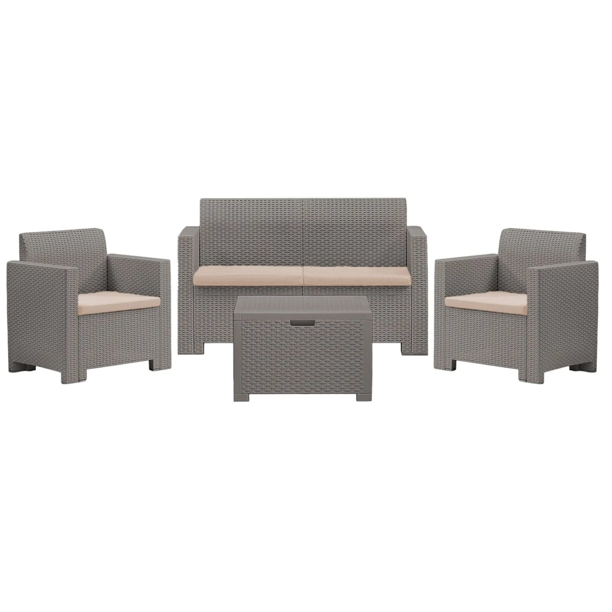 Set salottino da esterno Nebraska con divano 2 posti, 2 poltrone, tavolino e cuscini sfoderabili in rattan