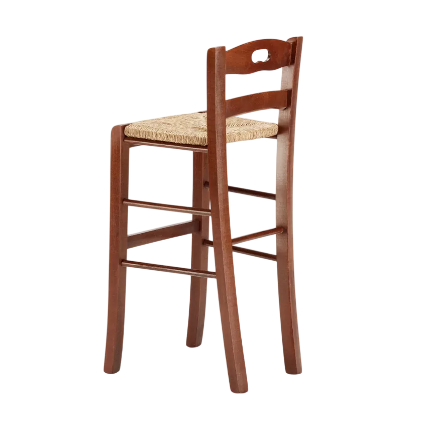Sgabello in legno con seduta in paglia
