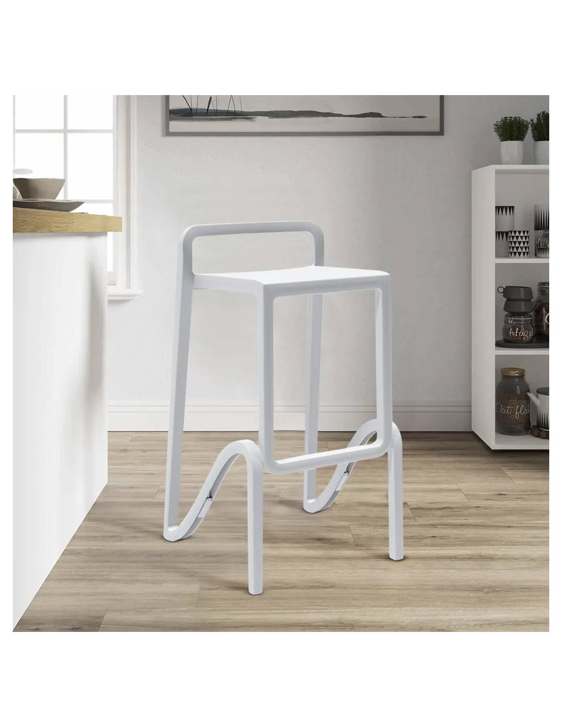 Sgabello alto Eolo in polipropilene fibra di vetro bianco, impilabile per interni ed esterni