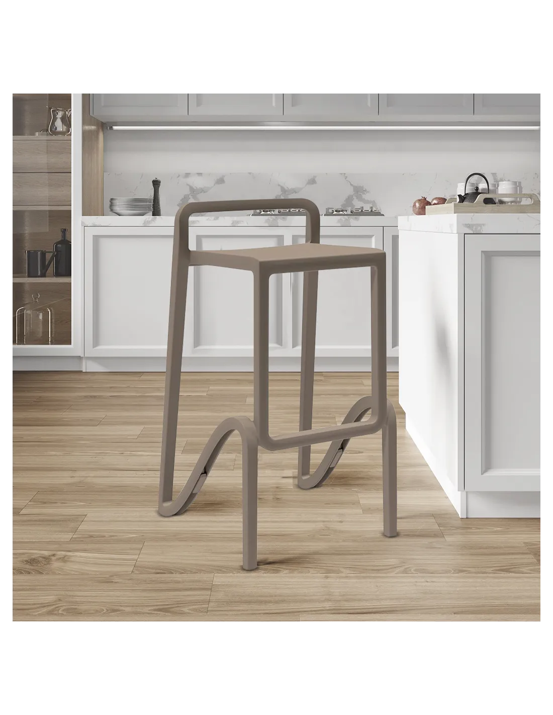 Sgabello alto Eolo in polipropilene fibra di vetro bianco, impilabile per interni ed esterni