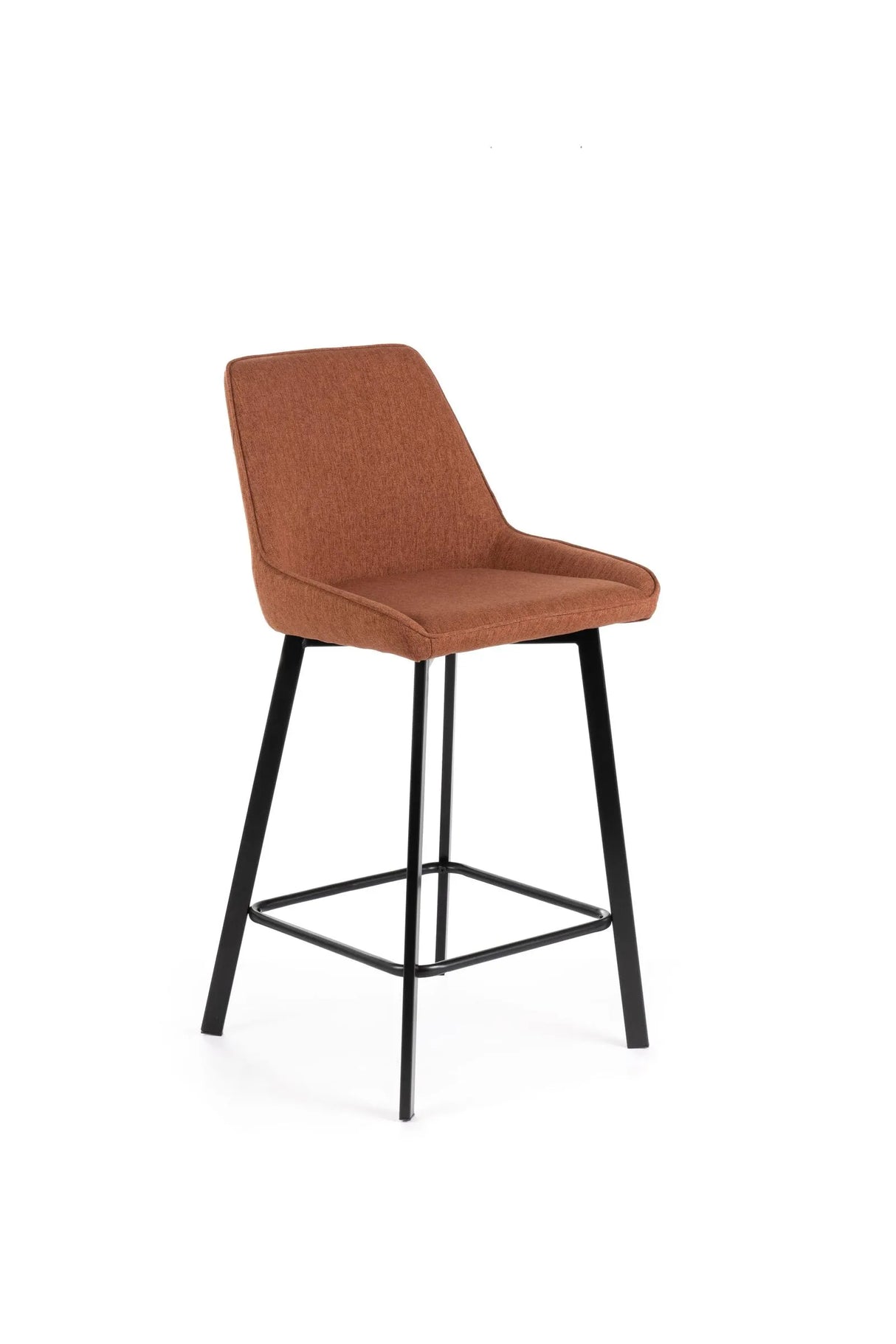 Sgabello Fox con seduta imbottita in tessuto e poggiapiedi in metallo, ideale per cucina o angolo bar