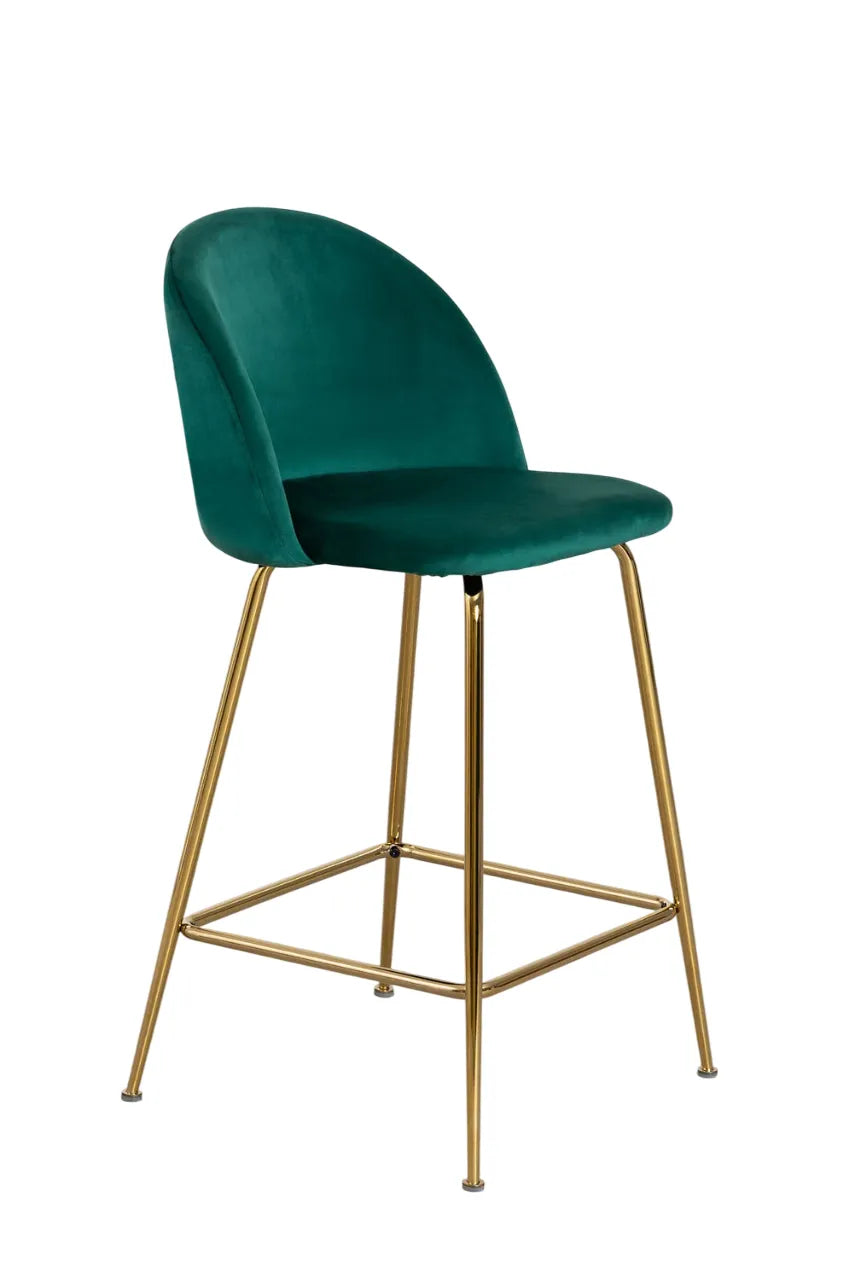 Sgabello alto Paris in velluto verde giungla con struttura dorata e schienale curvo imbottito