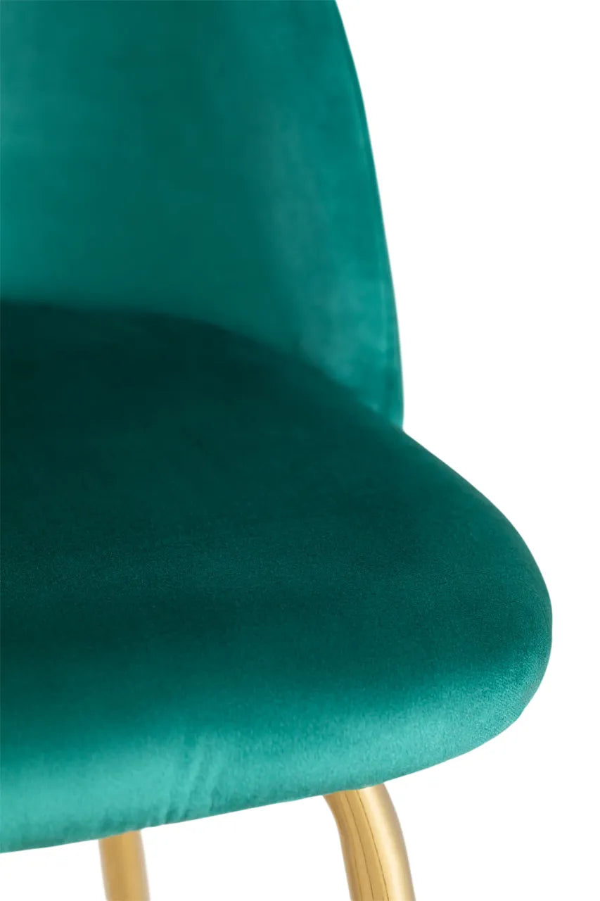 Sgabello alto Paris in velluto verde giungla con struttura dorata e schienale curvo imbottito