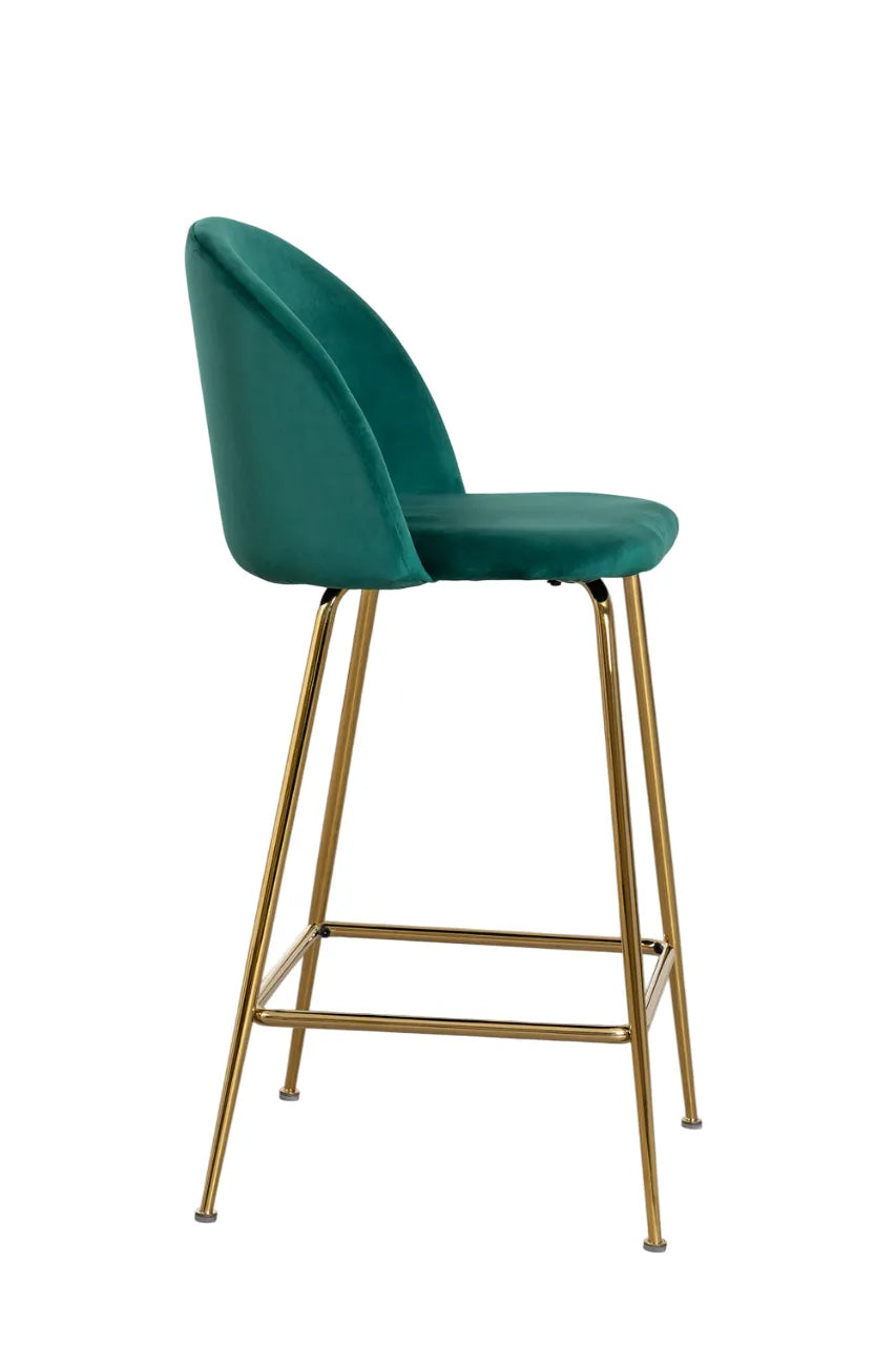 Sgabello alto Paris in velluto verde giungla con struttura dorata e schienale curvo imbottito