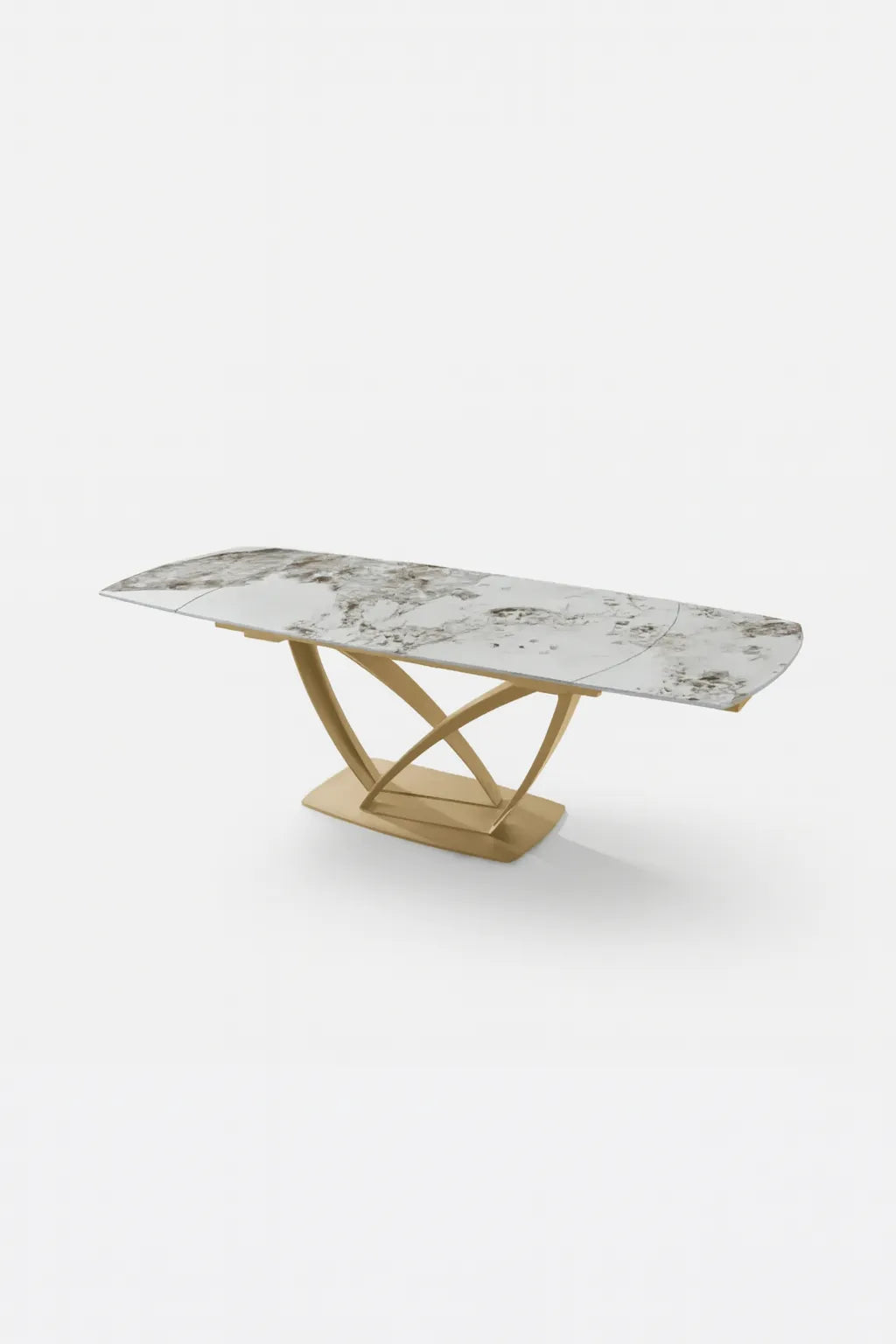 Tavolo Angel allungabile con piano in ceramica marmo bianco e struttura in metallo oro, estensibile da 160 a 240 cm