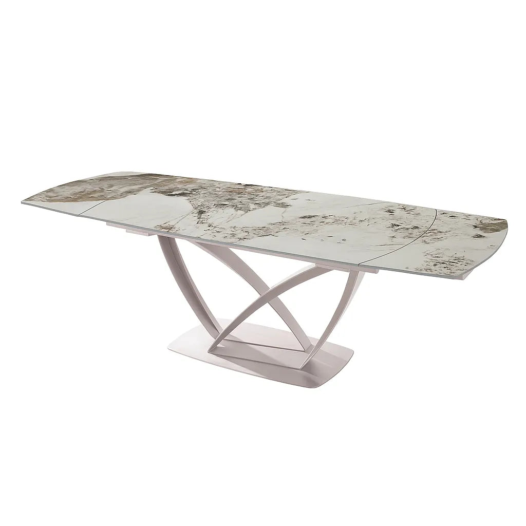 Tavolo Angel allungabile con piano in ceramica marmo bianco e struttura in metallo bianco, estensibile da 160 a 240 cm