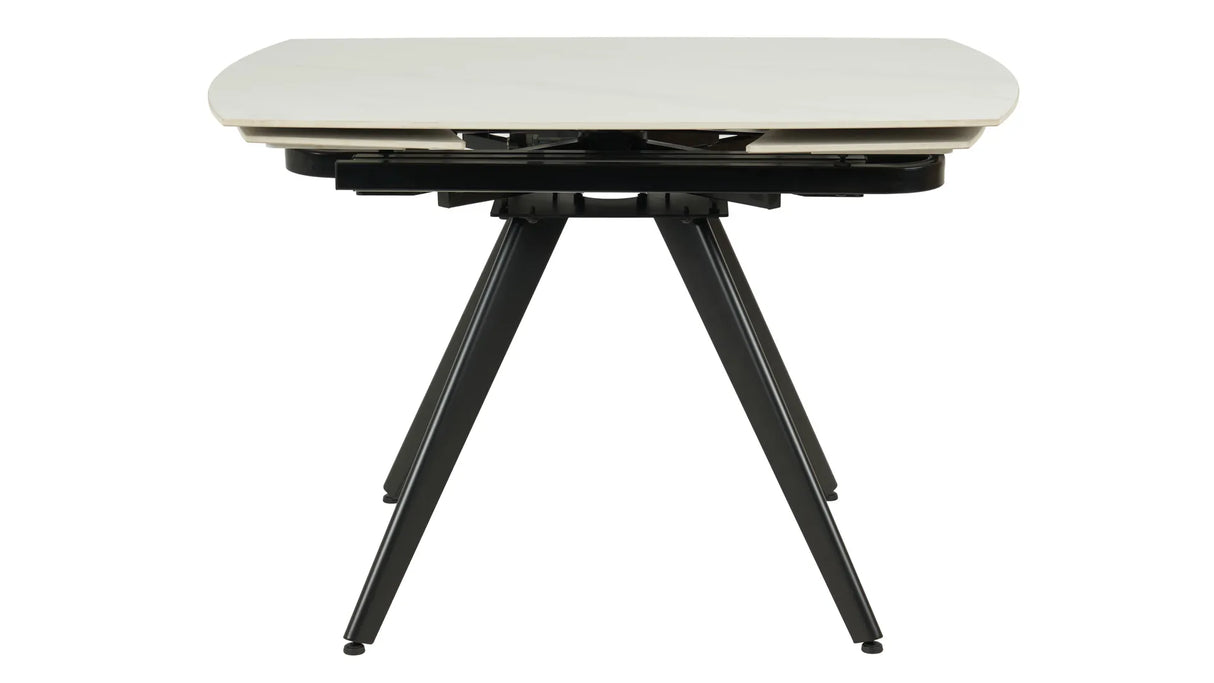 Tavolo allungabile rotante in ceramica effetto marmo bianco con gambe bianche, design moderno per cucina e soggiorno 6/8 posti.