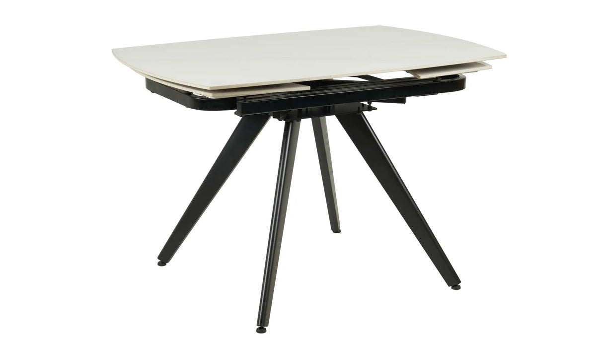 Tavolo allungabile rotante in ceramica effetto marmo bianco con gambe bianche, design moderno per cucina e soggiorno 6/8 posti.