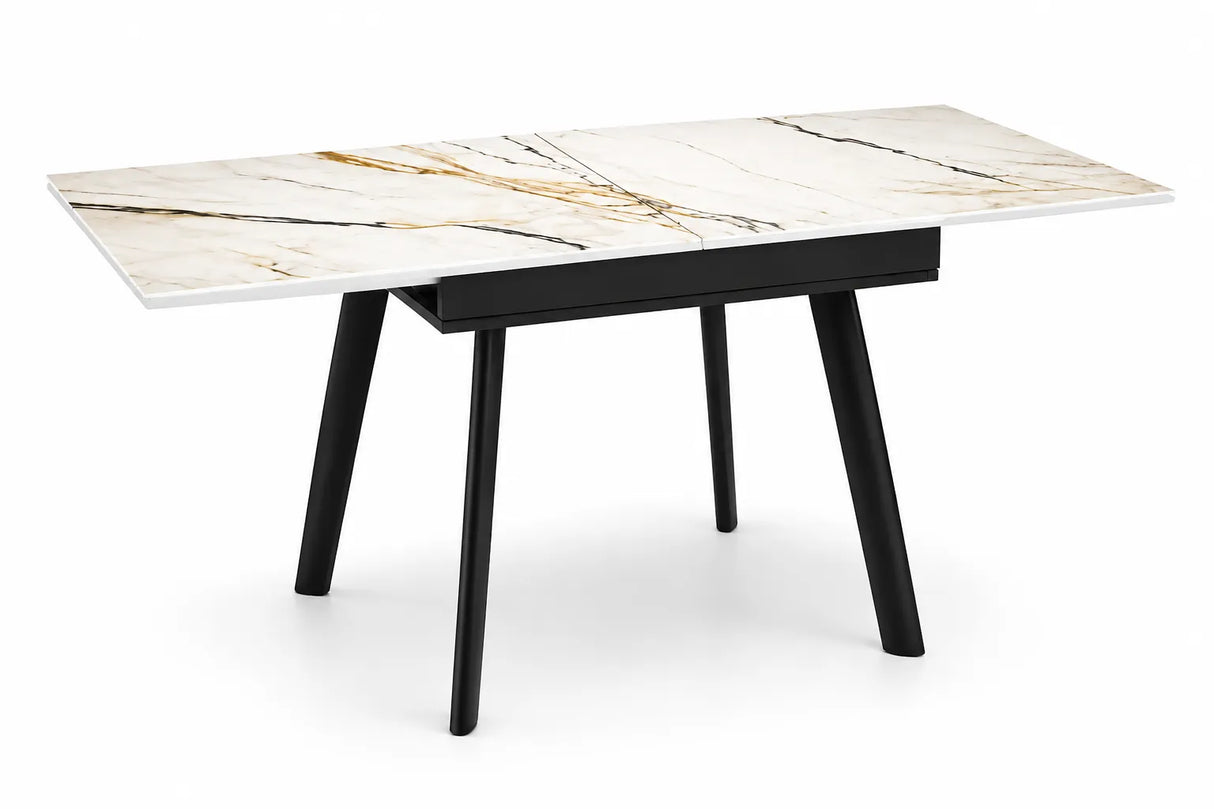 Tavolo allungabile Square 80/160 con piano in ceramica effetto marmo e struttura in metallo verniciato a polvere.