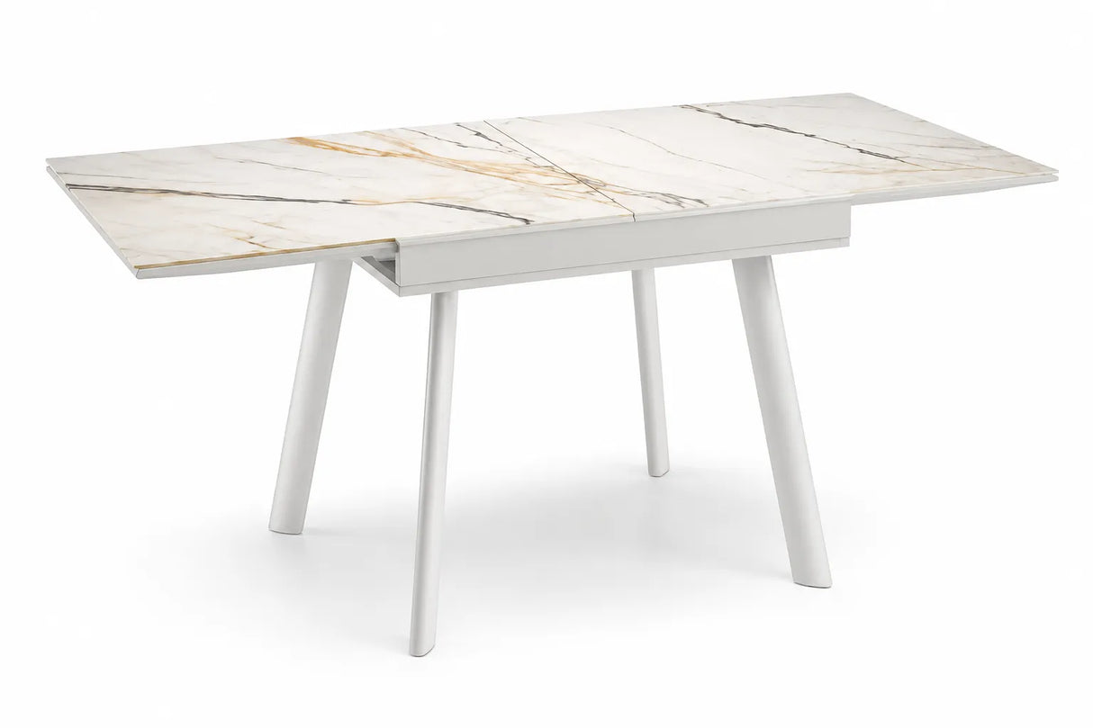 Tavolo allungabile Square 80/160 con piano in ceramica effetto marmo e struttura in metallo verniciato a polvere.