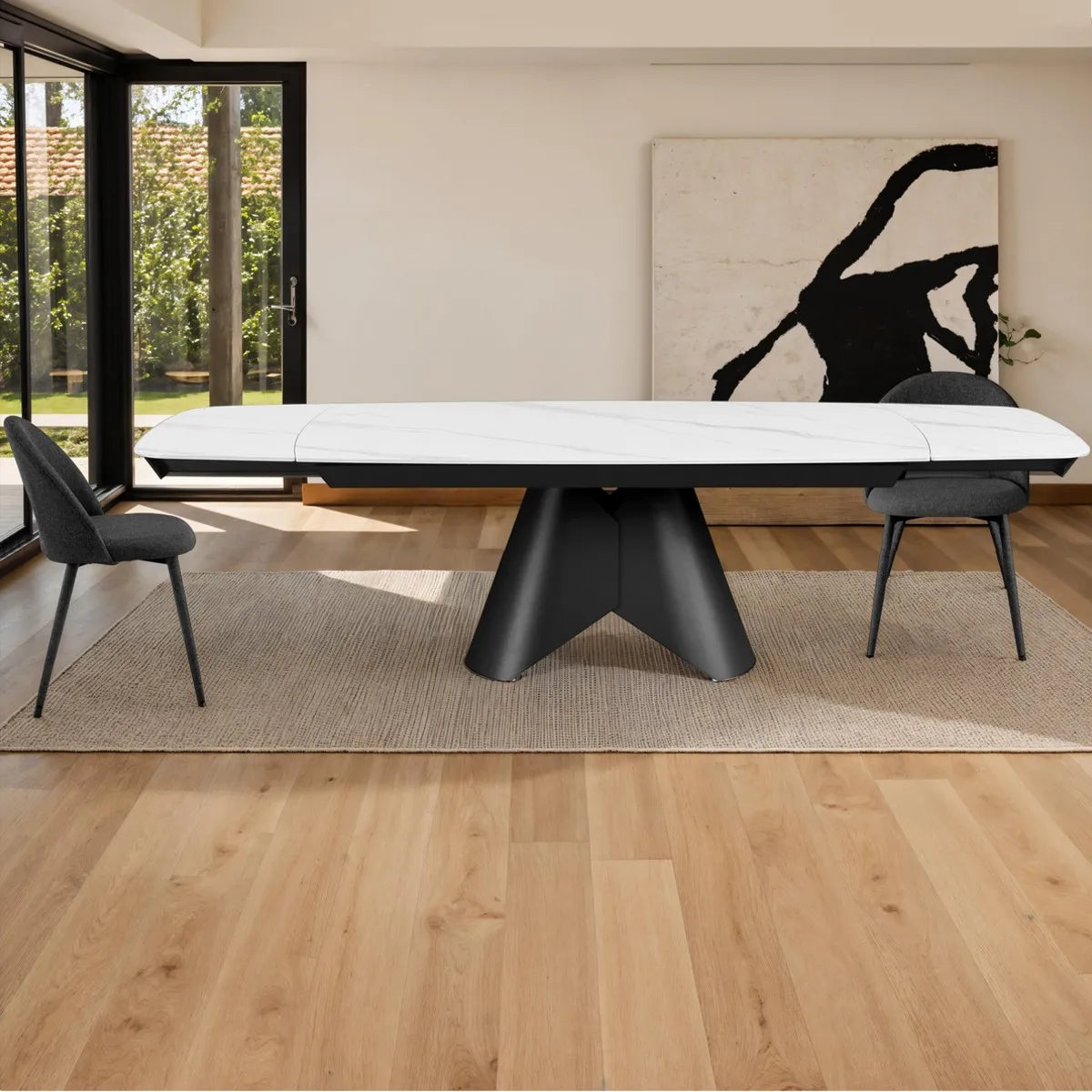 Tavolo allungabile Venere con piano in ceramica marmo Bianco opaco e basamento centrale Grigio opaco