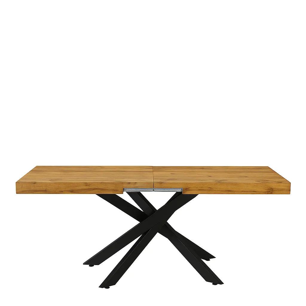 Tavolo Anson allungabile con piano in rovere o effetto cemento e gambe incrociate in metallo, estensibile da 160 a 240 cm