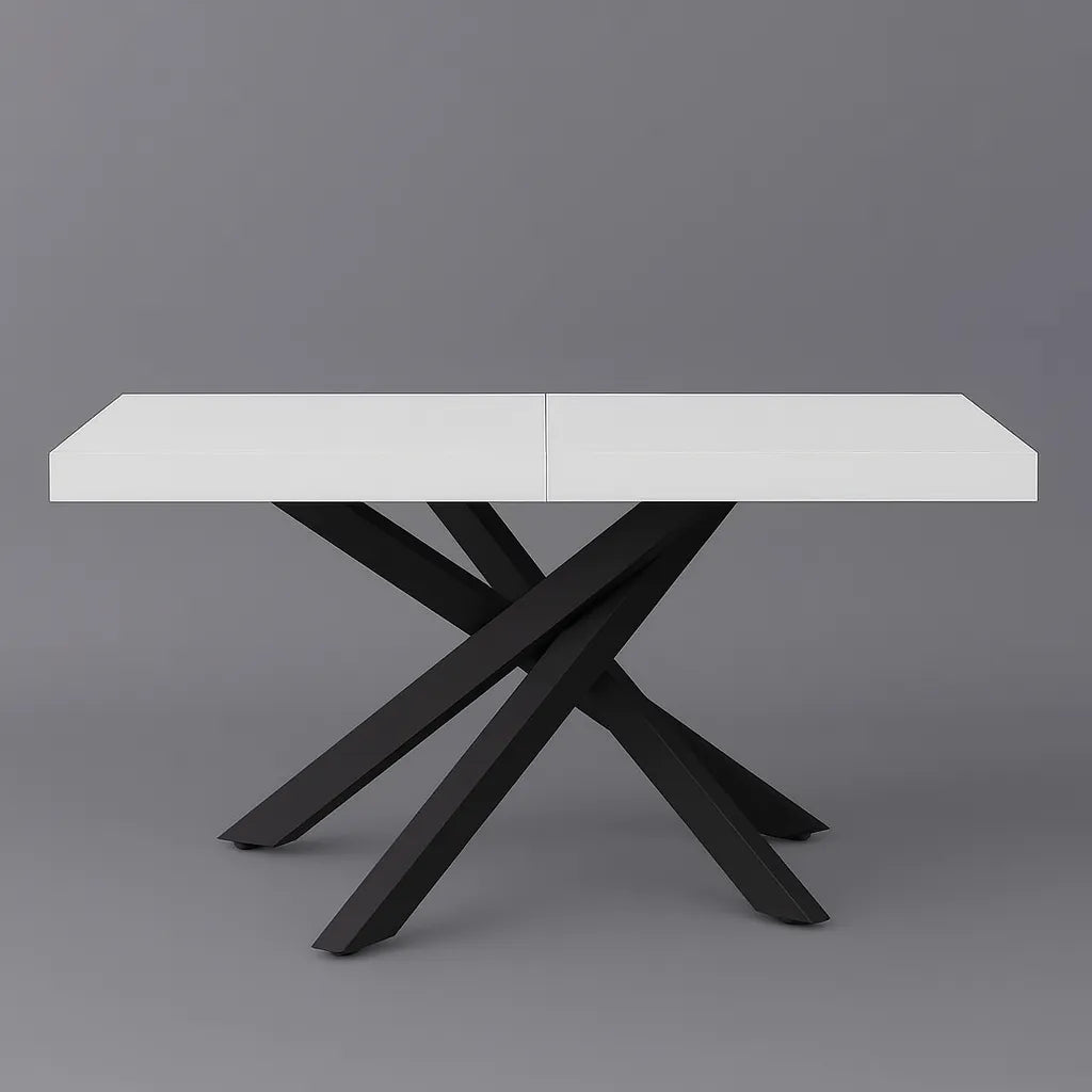 Tavolo Anson allungabile con piano in rovere o effetto cemento e gambe incrociate in metallo, estensibile da 160 a 240 cm