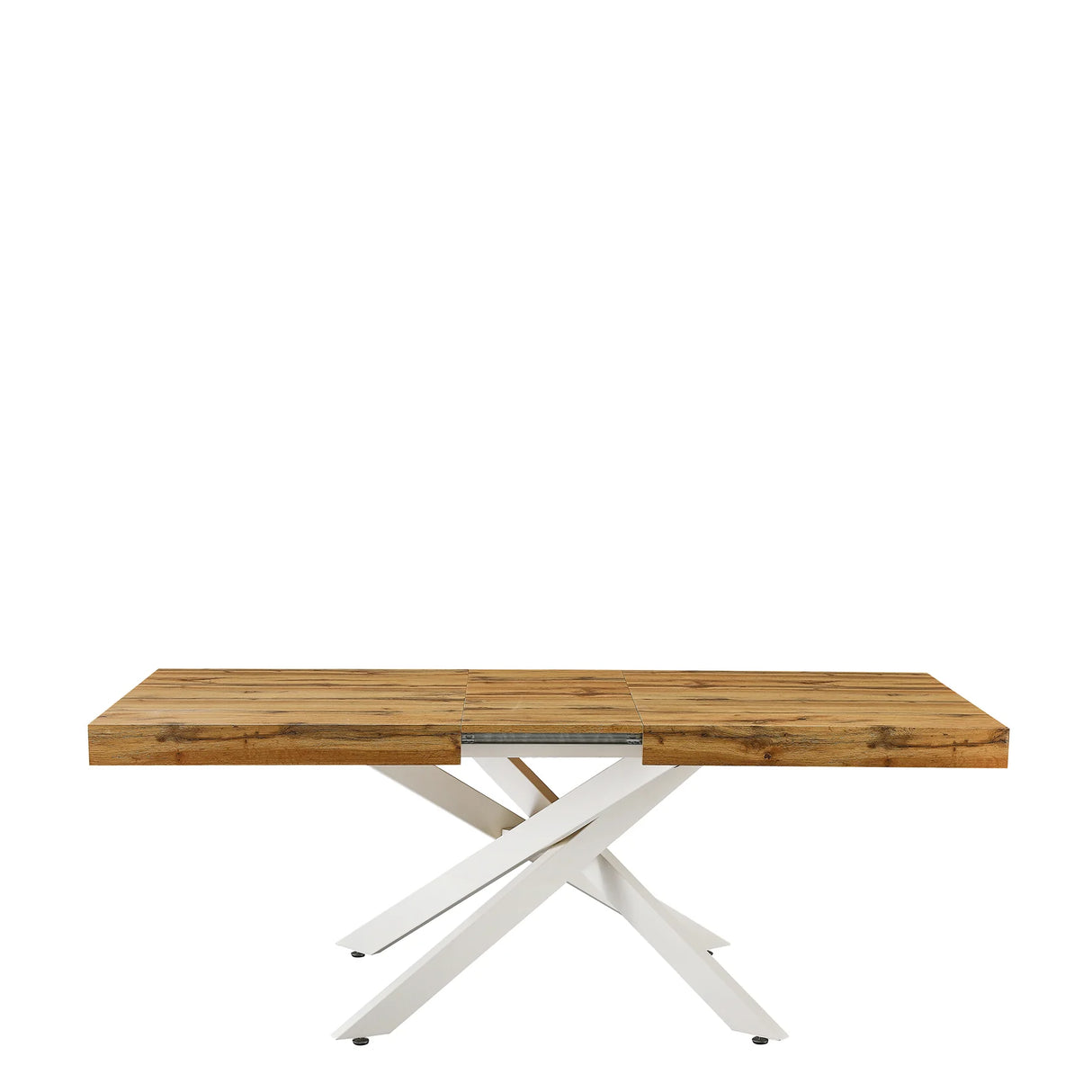 Tavolo Anson allungabile con piano in rovere o effetto cemento e gambe incrociate in metallo, estensibile da 160 a 240 cm