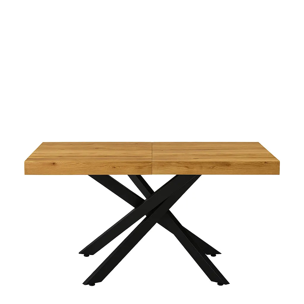 Tavolo Anson allungabile con piano in rovere o effetto cemento e gambe incrociate in metallo, estensibile da 160 a 240 cm