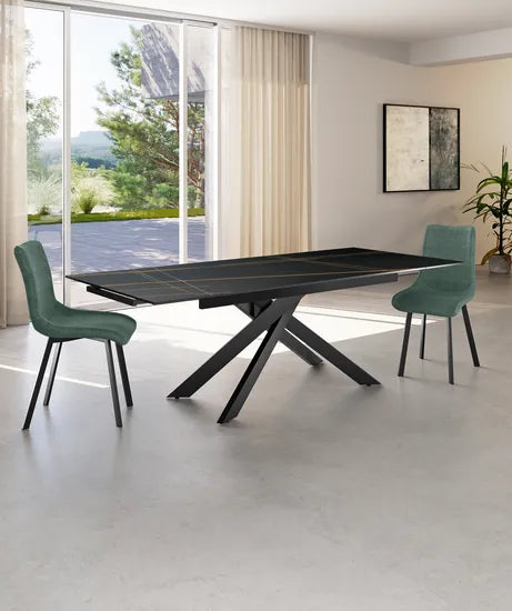 Tavolo allungabile Ares in ceramica marmo nero con gambe in metallo nero, misura 140-200x80 cm