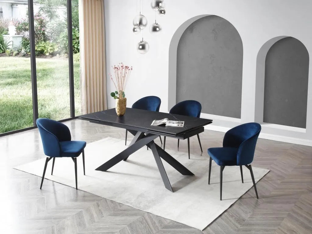 Tavolo allungabile Ares in ceramica marmo nero con gambe in metallo nero, misura 140-200x80 cm