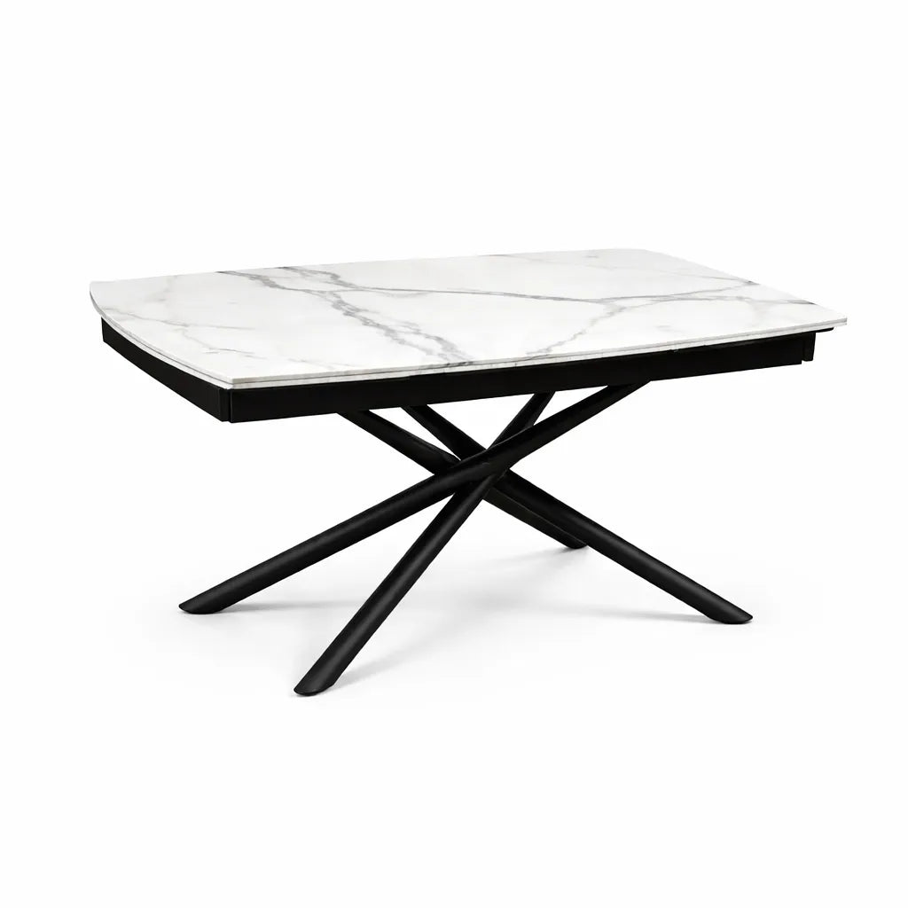 Tavolo allungabile a botte con piano in ceramica calacatta oro lucido o carrara opaco e base in metallo oro o nero.