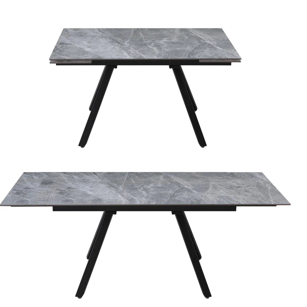 Tavolo Cooper allungabile in ceramica grigia effetto marmo con gambe in acciaio nero, design moderno da cucina o sala da pranzo