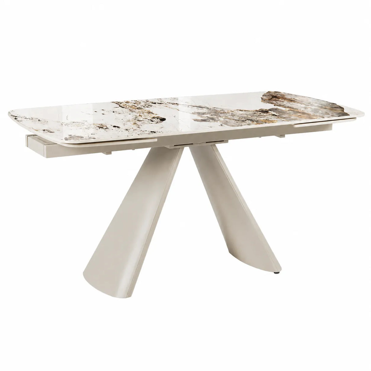 Tavolo allungabile Cupido 165/240 cm con piano in ceramica effetto Marmo Patagonia e struttura in metallo verniciato a polvere color Cashmere.