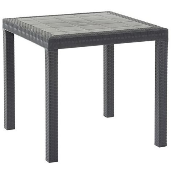 Tavolo Dallas piccolo da esterno 80x80 cm in polipropilene effetto rattan con foro ombrellone centrale