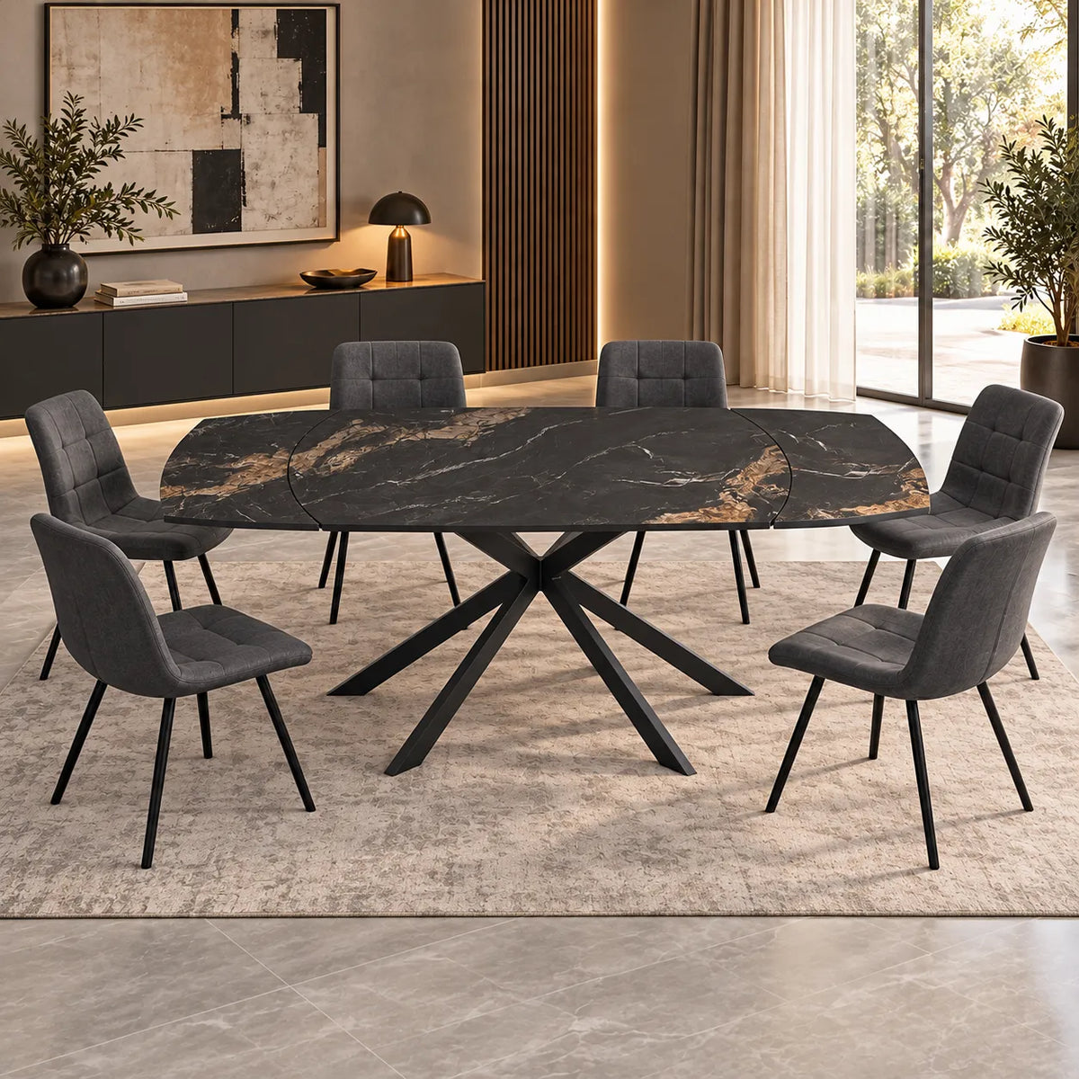 Tavolo Eclisse allungabile da 140 a 200 cm con piano in ceramica marmo Nero Oro opaco e base incrociata in metallo Nero opaco, da 6 a 8 posti.