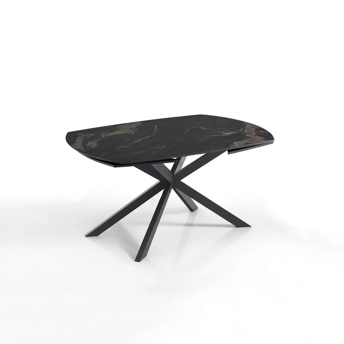 Tavolo Eclisse allungabile da 140 a 200 cm con piano in ceramica marmo Nero Oro opaco e base incrociata in metallo Nero opaco, da 6 a 8 posti.