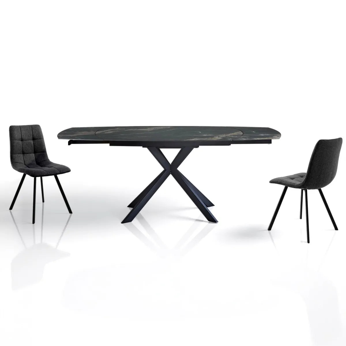 Tavolo Eclisse allungabile da 140 a 200 cm con piano in ceramica marmo Nero Oro opaco e base incrociata in metallo Nero opaco, da 6 a 8 posti.