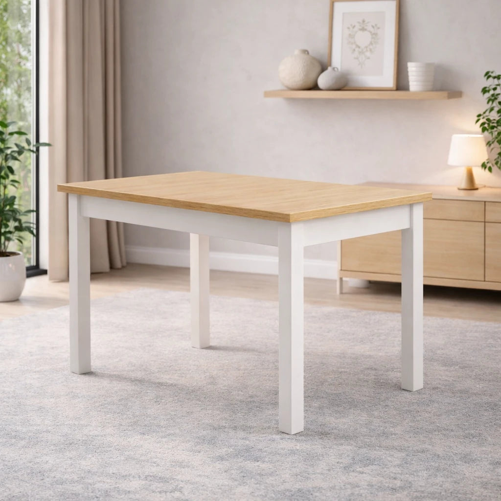 Tavolo allungabile Flower in legno bianco con piano effetto rovere opaco, elegante e pratico